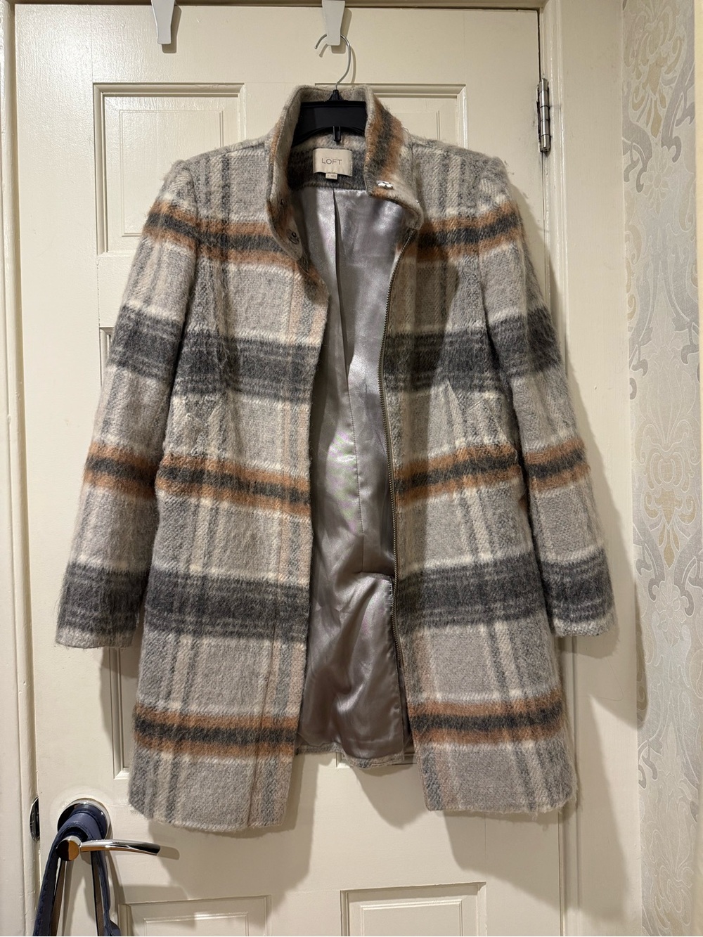 LOFT Plaid Wool-Blend Pea Coat in Gray, Brown and Cream